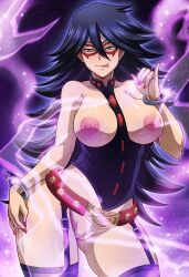  1girl aura bad_id bad_pixiv_id black_hair blue_eyes bodysuit boku_no_hero_academia breasts cleft_of_venus collarbone cuffs dominatrix domino_mask eye_mask female_focus garter_belt garter_straps handcuffs highres large_breasts licking_lips looking_at_viewer mask midnight_(boku_no_hero_academia) mole mole_under_eye nail_polish nipples red_nails sano_br smile solo spiked_hair tongue tongue_out 