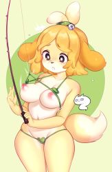 1girl alternate_costume animal_crossing animal_ears bare_shoulders bell bikini black_eyes blonde_hair blush breasts collarbone cowboy_shot dog_ears dog_girl dog_tail embarrassed female_focus fishing_rod furry furry_female green_background green_bikini groin hair_bell hair_ornament hair_tie hands_up highres holding isabelle_(animal_crossing) jingle_bell large_breasts micro_bikini motion_lines navel niniidawns nintendo nipple_slip nipples nose_blush notice_lines parted_lips short_hair simple_background skindentation solo standing super_smash_bros. surprised swimsuit tail topknot two-tone_background wardrobe_malfunction watermark rating:Questionable score:115 user:AngryZapdos