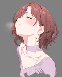 1girl blush brown_hair choker closed_eyes closed_mouth commentary_request cropped_shoulders cum cum_in_mouth female_focus gokkun grey_background hair_ornament hair_over_one_eye hairclip highres higuchi_madoka idolmaster idolmaster_shiny_colors mole mole_under_eye purple_choker purple_shirt sexually_suggestive shirt short_hair simple_background solo steam suggestive_fluid swallowing sweat upper_body yd_(orange_maru) rating:Explicit score:261 user:danbooru