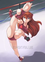  1girl absurdres artist_name ass bare_legs blue_eyes boxing_ring breasts brown_hair clenched_hands curvy exercising feet flexible full_body gloves highres kicking legs_apart long_hair looking_at_viewer looking_up medium_breasts midriff navel neon_genesis_evangelion revealing_clothes shiny_clothes simple_background sitting soles solo souryuu_asuka_langley sports_bikini sports_bra sportswear spread_legs stirrup_legwear thong toeless_legwear toes twintails very_long_hair wide_hips zipskyblue  rating:Questionable score:55 user:fakyuh
