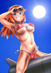  1girl bikini blue_eyes blush breasts charlotte_e._yeager eyewear_on_head grin highres large_breasts long_hair looking_at_viewer navel orange_hair red_bikini shiri_chin smile solo strike_witches sunglasses swimsuit world_witches_series 