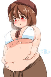 ascot bad_id bad_pixiv_id belly_grab bikini bikini_top_only blush breasts brown_hair chef covered_erect_nipples eno_konoe eyebrows fat frown hat huge_breasts mikomu navel original red_eyes unworn_shirt skirt solo sweat swimsuit thick_eyebrows weight_conscious rating:Questionable score:18 user:danbooru