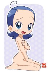 1girl ahoge ass barefoot blue_eyes blue_hair blush c1 completely_nude covering_breasts covering_privates female full_body happy highres kneeling loli looking_at_viewer medium_hair nude ojamajo_doremi open_mouth senoo_aiko short_hair simple_background sitting smile solo tomboy
