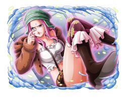  1girl boots breasts brown_footwear brown_jacket closed_mouth commentary crying crying_with_eyes_open english_commentary hat jacket jewelry_bonney large_breasts lipstick long_hair makeup midriff navel official_art one_piece one_piece_treasure_cruise piercing pink_hair purple_eyes shirt sitting solo tears teeth white_shirt 