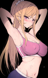 1girl armpits arms_up bare_arms bare_shoulders black_background blonde_hair blush breasts cleavage closed_mouth collarbone covered_erect_nipples hair_ornament hair_scrunchie haoni highres large_breasts long_hair looking_at_viewer nakiri_erina navel pants pink_sports_bra ponytail purple_eyes purple_pants scrunchie shokugeki_no_souma sidelocks simple_background sports_bra stomach sweat white_scrunchie rating:Sensitive score:103 user:danbooru