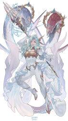  1girl arm_up armor blue_eyes blue_hair breastplate byuub circlet dated elbow_gloves final_fantasy final_fantasy_xiv fins full_body gloves head_fins high_heels highres holding_trident hydrokinesis leg_up llymlaen long_hair looking_at_viewer outstretched_arm pants reaching reaching_towards_viewer sea_serpent signature simple_background skirt smile solo standing standing_on_one_leg water white_background white_gloves white_pants white_skirt 