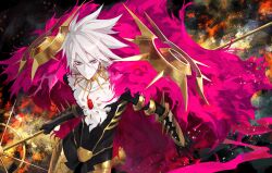  1boy black_bodysuit blue_eyes bodysuit chest_jewel collar colored_skin earrings eyeliner fate/apocrypha fate/extella fate/extella_link fate/extra fate/extra_ccc fate/grand_order fate_(series) from_above galaxy gauntlets gold_trim hair_between_eyes holding holding_weapon jewelry karna_(fate) looking_up male_focus red_eyeliner solo spiked_collar spiked_gauntlets spiked_hair spikes vasavi_shakti_(fate) weapon white_hair white_skin woonak 