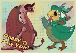  animal_costume artist_name azdaja_(ff14) blue_eyes border chinese_zodiac chocobo commentary dragon dragon_costume english_commentary english_text fake_horns feathered_dragon feathered_wings final_fantasy final_fantasy_xiv happy_new_year horns musical_note new_year opteekaal wings year_of_the_dragon yellow_border 