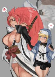  1boy 1girl absurdres angry ass_grab baiken blonde_hair blue_eyes blush breasts bridget_(guilty_gear) bulge clothes eyepatch grabbing grabbing_another&#039;s_ass grabbing_from_behind guilty_gear heart highres holding holding_sword holding_weapon huge_breasts large_penis long_hair looking_at_viewer penis pink_hair ponytail red_eyes scar scar_across_eye smile speech_bubble sword testicles trap weapon weapon_on_back 