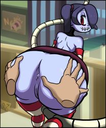 anus ass ass_grab bent_over blue_hair detached_sleeves disembodied_hand highres huge_ass leviathan_(skullgirls) looking_back pussy q7 red_eyes skullgirls smile spread_ass squigly_(skullgirls) stitched_mouth stitches uncensored zombie rating:Explicit score:33 user:iceguy