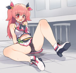  1girl black_panties blush collared_shirt embarrassed hair_ornament hair_ribbon idol_clothes long_hair midriff momoi_airi more_more_jump!_(project_sekai) navel on_floor open_mouth panties peeing peeing_self pink_eyes pink_hair pleated_skirt project_sekai ribbon shirt skirt solo spread_legs stomach tears twintails underwear  rating:Questionable score:25 user:mikupox