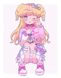  1girl blonde_hair blush crying crying_with_eyes_open full_body hair_ornament hand_on_own_cheek hand_on_own_face hands_up hoshikuzu_(pinkholic) idol_time_pripara jacket knees_up long_hair long_sleeves looking_at_viewer one_eye_closed open_mouth panties pantyshot pink_jacket pink_panties pretty_series pripara purple_eyes purple_shirt purple_skirt ringlets shirt shoes skirt socks solo squatting star_(symbol) star_hair_ornament striped_clothes striped_panties tears two_side_up underwear white_socks wiping_tears yumekawa_yui 