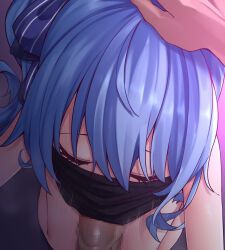  1boy 1girl blue_hair censored closed_eyes commentary commentary_request erection fellatio fellatio_under_mask hand_on_another&#039;s_head hetero highres hololive hoshimachi_suisei long_hair mask mosaic_censoring mouth_mask oral penis penis_under_mask solo_focus surgical_mask virtual_youtuber zellam  rating:Explicit score:25 user:danbooru