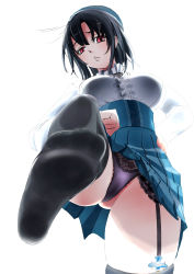 10s 1girl alternate_costume annoyed beret black_hair black_panties black_thighhighs blouse blue_skirt breasts feet female_focus foot_focus from_below garter_belt garter_straps hand_on_own_hip hat highres kantai_collection large_breasts leg_lift lips looking_at_viewer meme_attire no_shoes panties pleated_skirt red_eyes shirt simple_background skirt skirt_set soles solo t.o.mortors takao_(kancolle) thighhighs thighs underwear virgin_killer_outfit white_shirt rating:Sensitive score:31 user:danbooru