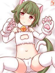 1girl alternate_costume animal_ears animal_hands artist_logo bell blunt_bangs bra cameltoe cat_cutout cat_ear_panties cat_ears cat_lingerie cat_tail cleavage_cutout clothing_cutout commentary_request dated female_focus flat_chest frilled_bra frills from_above gloves green_hair jingle_bell kanon_(kurogane_knights) kantai_collection loli long_hair looking_at_viewer low_ponytail lying meme_attire neck_bell noumi_(kancolle) on_back one-hour_drawing_challenge panties paw_gloves red_eyes solo spread_legs tail thighhighs underwear underwear_only white_bra white_panties white_thighhighs rating:Questionable score:49 user:danbooru