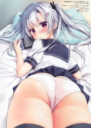 1girl absurdres ass bed black_thighhighs blue_skirt blush rabbit_hair_ornament butt_crack closed_mouth crotch_seam from_behind frown game_console hair_ornament hairclip highres holding huge_ass long_hair looking_at_viewer looking_back lying miniskirt nintendo_switch on_stomach original panties panties_day pillow pink_eyes pleated_skirt ryouka_(suzuya) sailor_collar scan school_uniform serafuku shirt short_sleeves sidelocks silver_hair skindentation skirt solo thighhighs twintails underwear white_panties white_shirt rating:Questionable score:77 user:danbooru