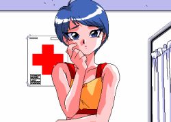  1990s_(style) 1girl aliasing animahjong animahjong_x animated animated_gif bare_shoulders blue_eyes blue_hair blush bouncing_breasts breasts cross game indoors looking_at_viewer lowres matching_hair/eyes nipples oomiya_etsuko red_cross retro_artstyle short_hair smile solo sports_bra undressing  rating:Questionable score:70 user:Tito-san
