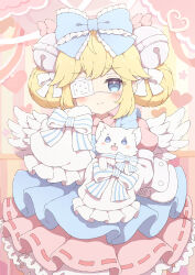  1girl bell blonde_hair blue_bow blue_eyes bow cat closed_mouth commission cutesu_(cutesuu) dress eyepatch hair_bell hair_bow hair_ornament highres jingle_bell long_sleeves medical_eyepatch original skeb_commission sleeves_past_fingers sleeves_past_wrists smile tyakomes variant_set wings 