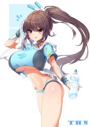  1girl ass blue_background blue_shirt bottle breasts brown_hair character_request fingerless_gloves gloves hood hoodie huge_breasts last_origin lenji_(hyeunsuk1049) light_blush nails navel open_mouth ponytail shirt sportswear tattoo tattoo_on_belly towel water_bottle white_background yellow_eyes 