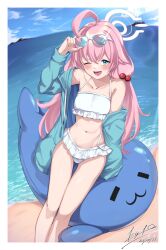 1girl blue_archive blue_sky breasts character_request dated esto_0079 ocean one_eye_closed pink_hair sand signature sky small_breasts sunglasses swimsuit tagme