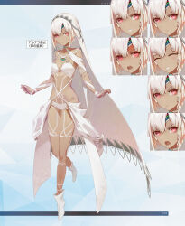  1girl altera_(fate) altera_(lostroom_outfit)_(fate) alternate_costume ankle_boots bare_shoulders blush boots breasts closed_eyes dark-skinned_female dark_skin expressions fate/grand_order fate_(series) full_body highres huke long_hair looking_at_viewer navel official_alternate_costume official_art page_number red_eyes sharp_teeth short_shorts shorts simple_background small_breasts smile stomach tattoo teeth veil white_footwear white_hair 