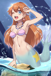  1girl ;d arm_up armpits bare_shoulders bikini bikini_top_only blue_background blue_eyes breasts cleavage collarbone commentary_request creatures_(company) earrings full_body game_freak groin gym_leader hair_between_eyes highres jewelry light_rays looking_at_viewer medium_breasts mermaid mermaid_misty_(pokemon) misty_(pokemon) monster_girl navel necklace nintendo ocean one_eye_closed open_mouth orange_hair partially_submerged partially_underwater_shot pearl_hair_ornament pearl_necklace pink_bikini pokemon pokemon_(anime) pokemon_(classic_anime) rock sidelocks smile solo star_(symbol) stomach swimsuit teeth underwater upper_teeth_only water_drop wet yasu_suupatenin  rating:Sensitive score:74 user:danbooru
