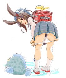 1girl animal_ears ass azur_lane backpack bag bent_over brown_hair commentary_request convenient_censoring fish grey_skirt hat i-26_(azur_lane) kneehighs kneepits legs loli looking_at_viewer makinon_tm no_tail open_mouth panties panty_pull plaid plaid_skirt presenting propeller pulled_by_self rabbit_ears randoseru red_eyes school_uniform shirt shoes short_hair sketch skirt smile socks solo underwear undressing white_panties white_shirt white_socks 