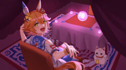  +_+ 1girl absurdres animal_ears bare_shoulders bead_bracelet beads blue_sailor_collar blue_skirt blush bow bracelet carpet clothing_cutout clover commentary_request curtains daruma_doll ear_covers flipped_hair four-leaf_clover from_behind hair_between_eyes hair_ornament highres horse_ears horse_girl horse_tail indoors jewelry kkoz_555 looking_at_viewer looking_back matikanefukukitaru_(umamusume) nape on_chair open_mouth orange_hair orb pleated_skirt red_bow sailor_collar shirt short_hair short_sleeves shoulder_cutout single_ear_cover sitting skirt smile solo table tail thighhighs umamusume white_shirt white_thighhighs yellow_eyes 
