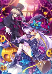  1boy 1girl bow broom capura_lin coat elbow_gloves european_clothes gloves halloween hat hat_bow light_smile popped_collar pumpkin retro_clothes ribbon source_request striped_clothes striped_thighhighs thighhighs top_hat witch_hat  rating:Sensitive score:2 user:tds040488