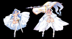  2girls arm_armor armor arms_up black_background blue_hair bridal_veil character_request dress eden&#039;s_ritter_grenze elbow_gloves flag garter_straps gauntlets gloves highres holding holding_flag horns irvina long_hair looking_at_viewer medium_hair multiple_girls navel one_eye_closed pink_hair revealing_clothes simple_background smile standing standing_on_one_leg sword tachibana_yuu thighhighs veil weapon wedding_dress 
