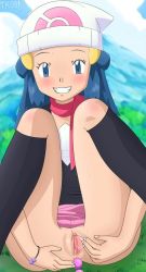  1girl anal_beads beanie blue_eyes blue_hair blurry blurry_background blush bracelet clitoral_hood clitoris cloud creatures_(company) dawn_(pokemon) game_freak grass grin half_updo happy_sex hat jewelry loli long_hair masturbation matching_hair/eyes mountain nintendo no_panties on_floor outdoors pink_skirt pokemon presenting public_indecency pussy pussy_juice sex_toy sitting skirt sky smile socks solo spread_pussy sweat tkor uncensored urethra  rating:Explicit score:57 user:Aronius
