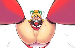 1girl anus ass blonde_hair blue_eyes cleft_of_venus dress embarrassed from_below green_ribbon hair_between_eyes hair_ribbon highres loli long_hair looking_down looking_through_own_legs mega_man_(classic) mega_man_(series) no_panties open_mouth pussy red_dress red_legwear ribbon roll_(mega_man) ruw_ruler shiny_skin simple_background solo standing sweat uncensored white_background rating:Explicit score:51 user:Domestic_Importer