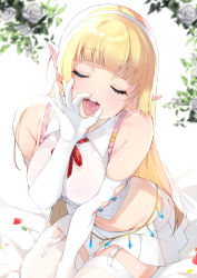 1girl :d bad_id bad_twitter_id bare_shoulders blonde_hair blurry blush bra_strap breasts button_gap closed_eyes collared_shirt commission crop_top depth_of_field elbow_gloves elf elf_no_radral facing_viewer fellatio_gesture garter_straps gloves groin hairband heavy_breathing highres inari_(inariya) long_hair medium_breasts midriff miniskirt navel neck_ribbon open_mouth original pleated_skirt pointy_ears ribbon saliva sexually_suggestive shirt sitting skeb_commission skirt sleeveless sleeveless_shirt smile solo thighhighs tongue tongue_out v_arms white_gloves white_shirt white_skirt white_thighhighs zettai_ryouiki rating:Questionable score:182 user:danbooru