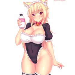 1girl :q animal_ear_fluff animal_ears bell black_leotard blonde_hair blush bottle breasts cat_ears cleavage closed_mouth collar collarbone commentary covered_navel cowboy_shot english_commentary fingernails frilled_leotard frills groin hair_between_eyes highleg highleg_leotard highres holding holding_bottle jingle_bell large_breasts leotard long_hair looking_at_viewer maid maid_headdress maid_leotard nail_polish neck_bell nottytiffy original pink_nails red_collar red_eyes simple_background slit_pupils smile solo thighhighs tiffy_(nottytiffy) tongue tongue_out unconventional_maid very_long_hair watermark web_address white_background white_thighhighs rating:Sensitive score:72 user:danbooru