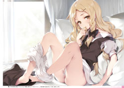 1girl absurdres barefoot bed bed_sheet bedroom black_bow blonde_hair bloomers bloomers_pull bow braid breasts unworn_clothes curtains eyelashes hair_bow hair_ornament hairclip highres indoors ke-ta kirisame_marisa legs loli long_hair looking_at_viewer no_panties non-web_source on_bed pillow side_braid single_braid sitting solo touhou translation_request underwear white_bloomers window yellow_eyes rating:Questionable score:123 user:danbooru