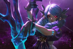 1girl ahoge black_bow black_dress black_gloves black_sleeves bow closed_mouth detached_sleeves dress drill_hair gloves glowing green_hair grey_dress gwen_(league_of_legends) hair_bow league_of_legends long_hair multicolored_background oversized_clothes simu_(uaec2275) smile twin_drills twintails rating:General score:7 user:danbooru