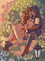 2girls aerith_gainsborough arm_guards artist_name ass_grab black_hair black_thighhighs bow braid braided_ponytail breasts brown_hair clothes_lift cropped_jacket dress earrings eye_contact female_focus final_fantasy final_fantasy_vii final_fantasy_vii_remake fingering fingerless_gloves flower gainsborough_house gloves hair_bow highres jacket jewelry lily_(flower) long_hair looking_at_another low-tied_long_hair medium_breasts multiple_girls navel nipples pink_bow pink_dress pussy red_jacket shirt_lift square_enix stairs suspenders thighhighs tifa_lockhart uncensored winton_kidd yuri rating:Explicit score:130 user:danbooru