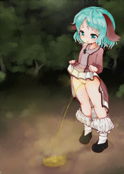  1girl animal_ears bare_legs bloomers cameltoe cleft_of_venus clothes_lift dog_ears green_hair highres hinainf kasodani_kyouko loli looking_down medium_hair night open_mouth pee peeing pussy skirt skirt_lift standing thighs touhou uncensored underwear  rating:Explicit score:172 user:danbooru