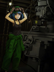  1girl alternate_costume arms_up bare_shoulders black_eyes blue_hair brown_gloves chain clothes_around_waist collarbone drill engineer gloves goggles goggles_on_headwear green_pants grin hands_on_own_head hat hinoyama_ena hook indoors kawashiro_nitori machine open_mouth pants shirt shirt_around_waist short_hair smile solo tank_top touhou twintails two_side_up  rating:General score:6 user:danbooru