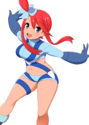  1girl :d blue_eyes blue_footwear blue_jacket blue_shorts boots breasts commentary_request creatures_(company) cropped_jacket eyelashes game_freak gloves hair_ornament happy hedorobakudan jacket knees midriff navel nintendo one_side_up open_mouth outstretched_arms pokemon pokemon_bw red_hair short_hair_with_long_locks short_shorts shorts sidelocks skyla_(pokemon) smile solo teeth thigh_strap upper_teeth_only 