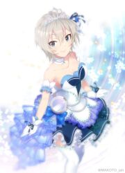  1girl anastasia_(idolmaster) arm_garter bare_shoulders blue_background blue_bow blue_eyes blue_ribbon blurry blush bow bracelet breasts choker cleavage closed_mouth collarbone depth_of_field dot_nose dress dress_bow frilled_dress frills gloves grey_hair hair_between_eyes hair_bow hair_ribbon idolmaster idolmaster_cinderella_girls idolmaster_cinderella_girls_starlight_stage jewelry looking_at_viewer medium_breasts mizuki_makoto necklace pearl_bracelet pendant_watch ribbon short_hair smile solo sparkle star_(symbol) starry_background starry_sky_bright_(idolmaster) thighhighs tiara twitter_username white_choker white_dress white_gloves white_thighhighs 