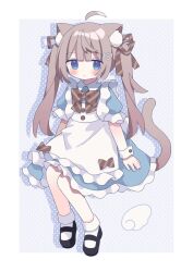  1girl ahoge animal_ear_fluff animal_ears apron black_footwear blue_dress blue_eyes blush bow brown_bow brown_hair brown_ribbon cat_ears cat_girl cat_tail closed_mouth collared_dress commentary_request diagonal-striped_bow dress drop_shadow full_body hair_ornament hair_ribbon heart heart_hair_ornament highres long_hair maid maid_apron nakkar original polka_dot polka_dot_background puffy_short_sleeves puffy_sleeves ribbon shoes short_sleeves sitting socks solo tail twintails twitter_username very_long_hair white_socks 