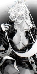  1girl bandaged_head bandages blue_eyes breasts breasts_apart chromatic_aberration cleavage feet_out_of_frame genderswap genderswap_(mtf) gojou_satoru greyscale highres jujutsu_kaisen large_breasts lips messy_hair monochrome open_mouth parted_lips partially_unzipped sitting solo spot_color stalllkerg teeth white_hair 