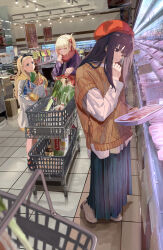 3girls ^_^ absurdres basket beret black_hair black_ribbon blonde_hair blue_dress blue_eyes blurry blurry_foreground boots bow_hairband brown_sweater_vest ceiling_light closed_eyes coat commentary_request dress food forehead groceries hair_ribbon hairband hat highres holding holding_food hood hoodie indoors inoue_takina kurumi_(lycoris_recoil) laughing long_hair long_sleeves looking_at_another lycoris_recoil meat multiple_girls nishikigi_chisato photo_background pleated_dress purple_coat purple_eyes reading red_headwear red_ribbon red_scarf ribbon sandals scarf shirasuke_0822 shop shopping_cart short_hair sleeves_past_fingers sleeves_past_wrists smile smug soy_sauce_bottle spring_onion supermarket sweater_vest white_hoodie yellow_hood rating:General score:12 user:danbooru