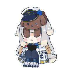  1girl :&lt; animal animal_ears animal_on_head blue_eyes blue_pants blush blush_stickers brown_hair capelet chibi commentary covering_another&#039;s_eyes dog full_body gloves grey_hair hat highres holding knees_up long_hair multicolored_hair nijisanji nintendo_switch nozo_(hitomiz) on_head pants parted_lips paw_shoes peaked_cap shioriha_ruri shirt shoes simple_background sitting solo tail triangle_mouth two-tone_hair very_long_hair virtual_youtuber white_background white_capelet white_footwear white_gloves white_hair white_shirt 