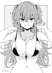  1girl bikini breasts collarbone dated grey_background greyscale hair_between_eyes highres kichihachi large_breasts long_hair looking_at_viewer monochrome navel original simple_background smile solo swimsuit twitter_username two-tone_background upper_body white_background  rating:Questionable score:11 user:danbooru