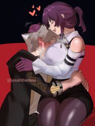  1boy 1girl breast_smother breasts bulge caelus_(honkai:_star_rail) closed_eyes erection erection_under_clothes face_to_breasts gloves grey_hair hair_between_eyes hetero honkai:_star_rail honkai_(series) hug jacket kafka_(honkai:_star_rail) long_hair purple_hair shirt short_hair smile smother thick_thighs thighs trailblazer_(honkai:_star_rail) white_shirt wide_hips yuushiba 