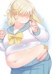  1girl absurdres bifizu&#039;s_gold big_belly blonde_hair blue_archive blue_background blue_sailor_collar blue_skirt blush breasts bursting_belly character_request closed_mouth copyright_request cowboy_shot dot_nose fat gradient_background halo highres long_sleeves medium_breasts midriff navel no_eyes open_hands pleated_skirt plump sailor_collar school_uniform serafuku shirt simple_background skirt solo thick_arms torn_clothes torn_skirt trinity_student_(blue_archive) white_background white_shirt 