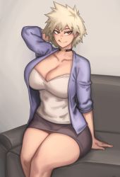  1girl absurdres arm_behind_head arm_support bakugou_mitsuki blonde_hair boku_no_hero_academia breasts cleavage collar couch highres huge_breasts indoors kelvin_hiu licking_lips mature_female red_eyes shirt short_hair sitting solo spiked_hair thighs tongue tongue_out white_shirt  rating:Sensitive score:114 user:danbooru
