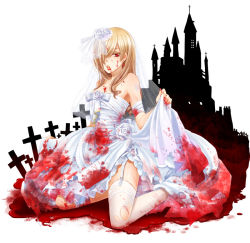  1girl alte_rose alternate_costume bad_id bad_pixiv_id bandages blonde_hair blood blood_on_clothes blood_on_face blood_stain bloody_clothes bloody_dress commentary_request dress earrings flower full_body garter_straps hair_over_one_eye halloween iwashiro_byou jewelry long_hair looking_at_viewer maerchen_(album) nail_polish red_eyes red_nails rose solo sound_horizon thighhighs torn_clothes white_dress white_flower white_rose 